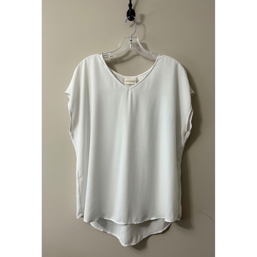 Chico's White V-Neck Cap Sleeve Pleat Back Blouse Size 1 Medium